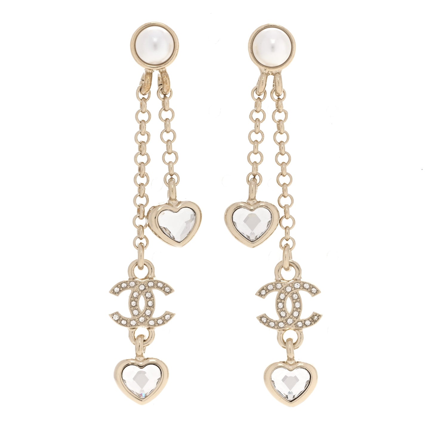 Metal Crystal Pearl CC Drop Heart Chain Earrings Gold