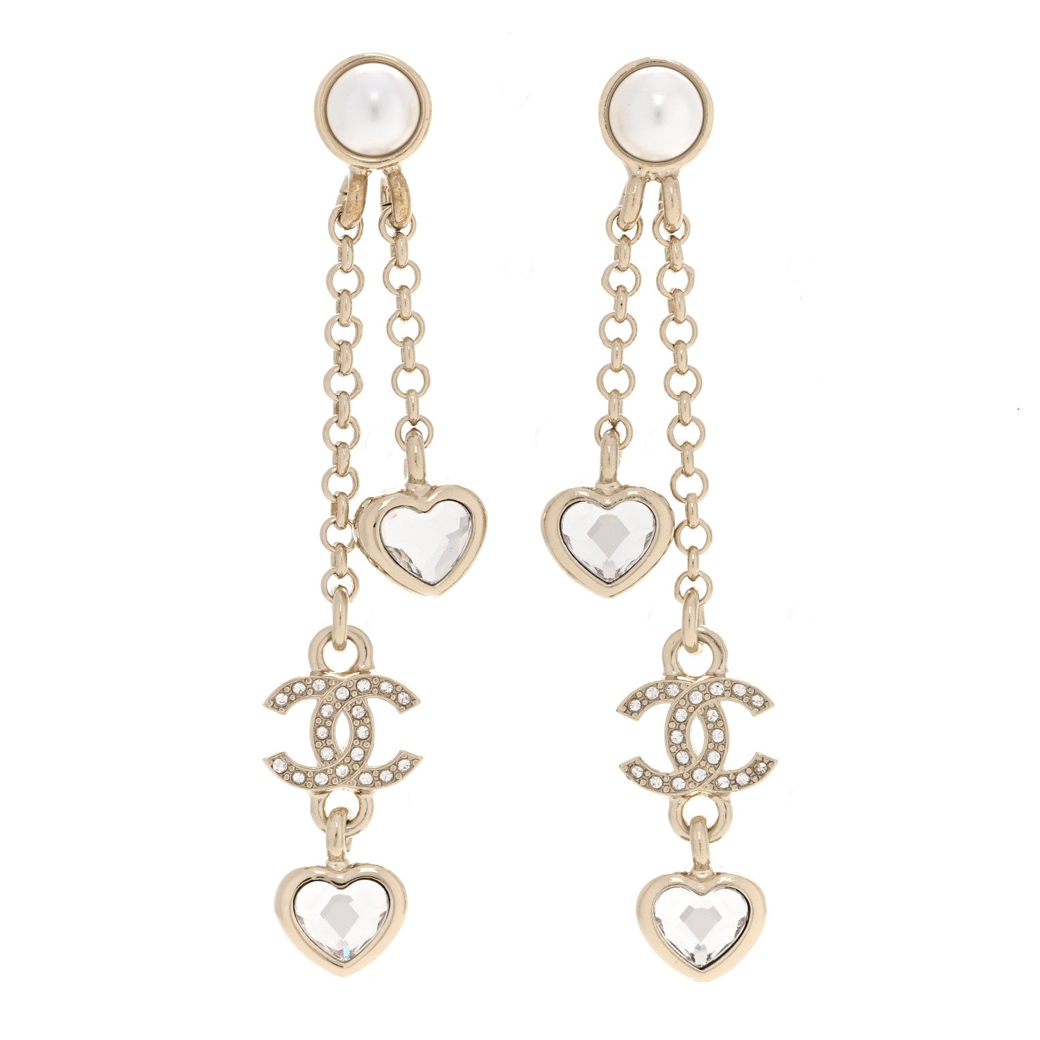 Chanel Metal Crystal Pearl CC Drop Heart Chain Earrings Gold 1 of 5