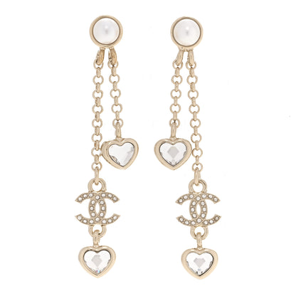 Chanel Metal Crystal Pearl CC Drop Heart Chain Earrings Gold 1 of 5