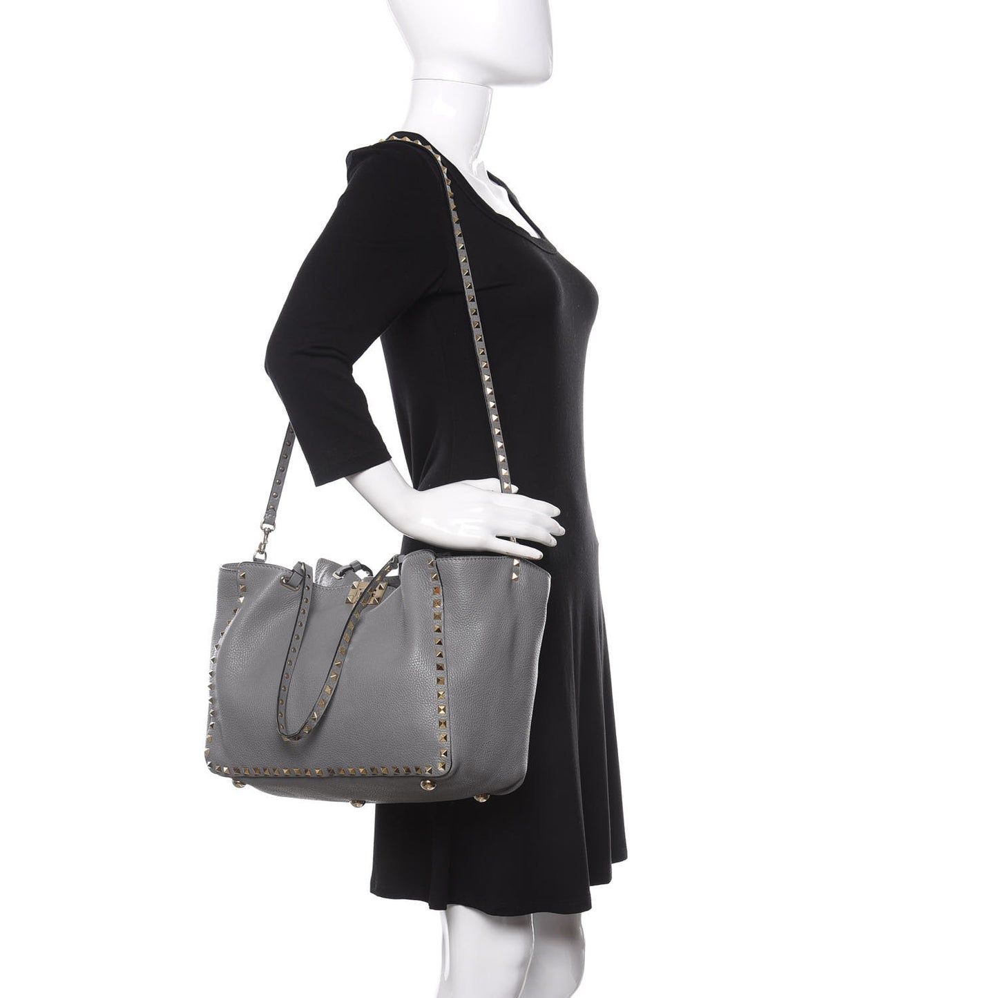 Pebbled Calfskin Medium Rockstud Tote Grey