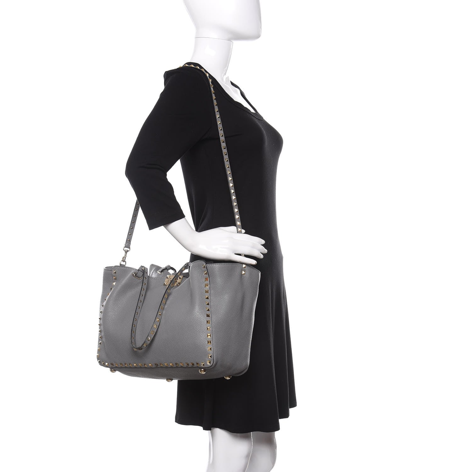 Valentino Garavani Pebbled Calfskin Medium Rockstud Tote Grey 2 of 15