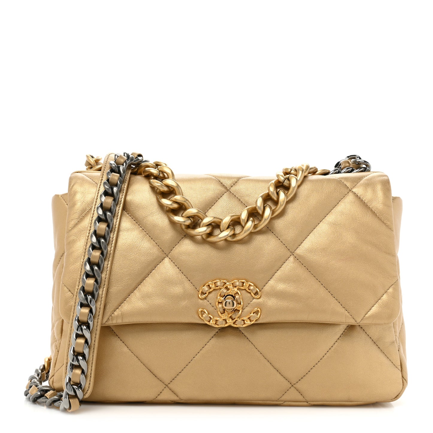 Metallic Goatskin Quilted Large Chanel 19 Flap Gold