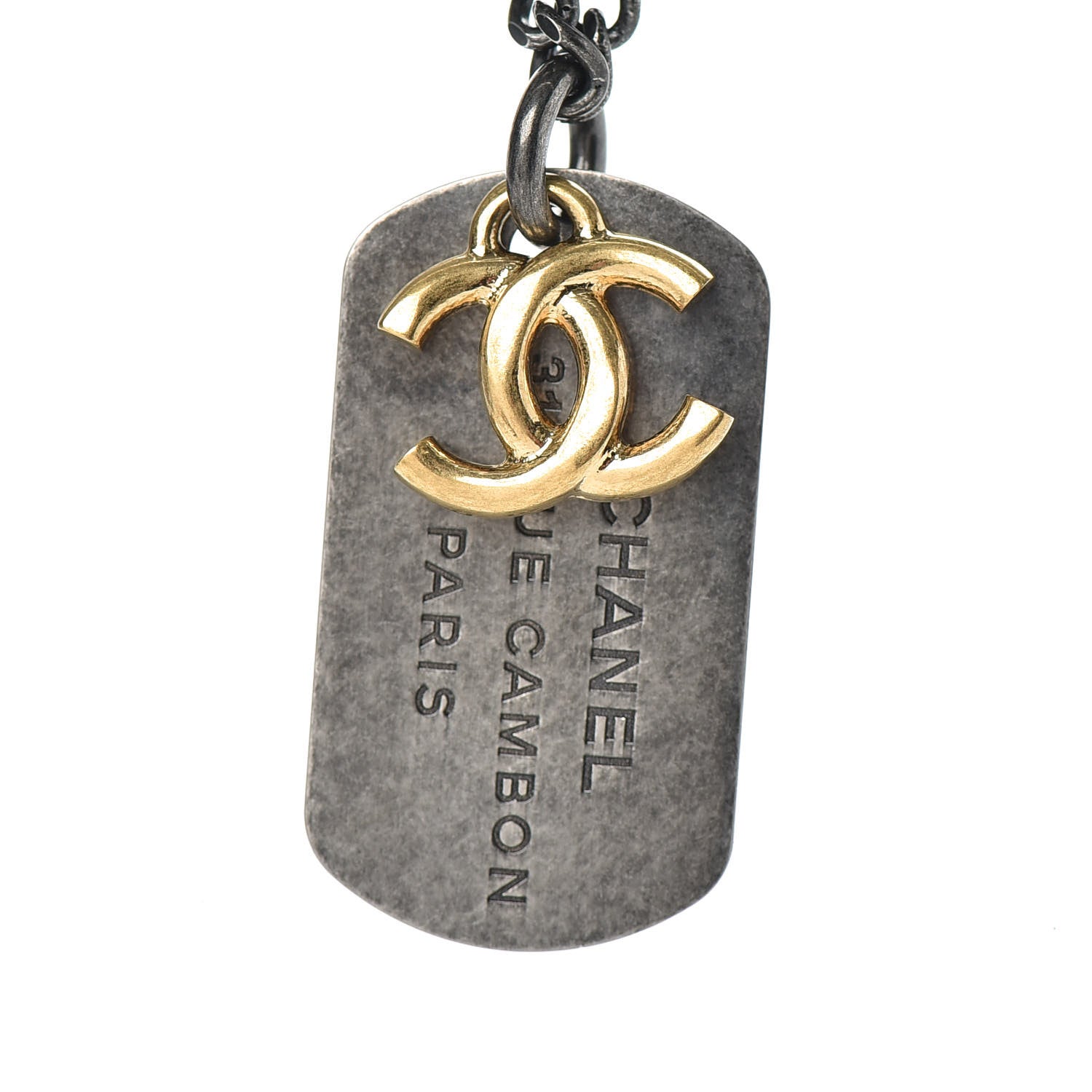 Chanel Ruthenium ID Dog Tag Charm Necklace Silver Gold 4 of 5