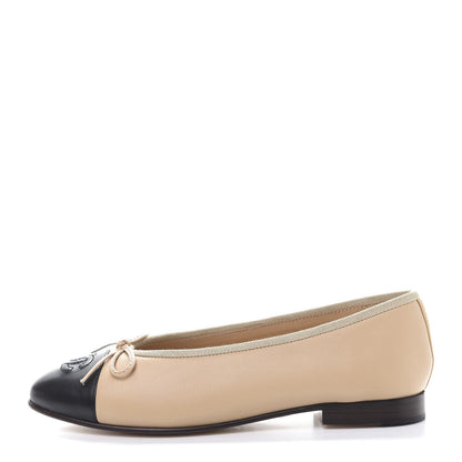 Chanel Lambskin Cap Toe CC Ballerina Flats 35 Beige Black 1 of 13
