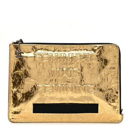 Chanel Metallic Lambskin Medium Je Ne Suis Pas En Solde Pouch Clutch Gold 1 of 7