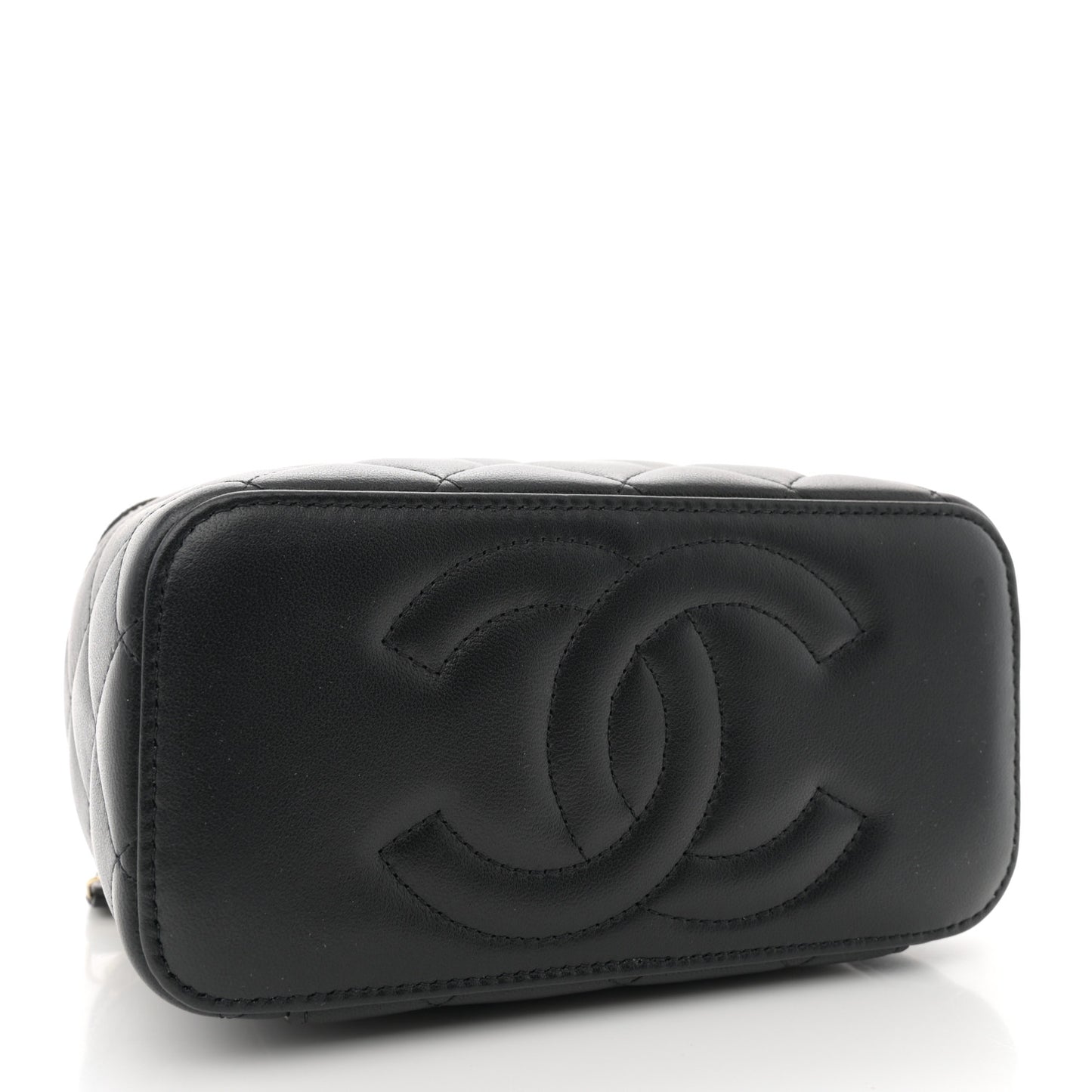 Lambskin Quilted Trendy Small Top Handle Vanity Case With Chain Black