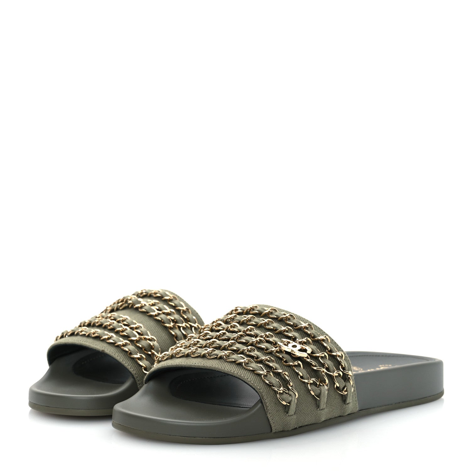 Chanel Canvas Chain Flat Sandals 40 Khaki 4 of 14