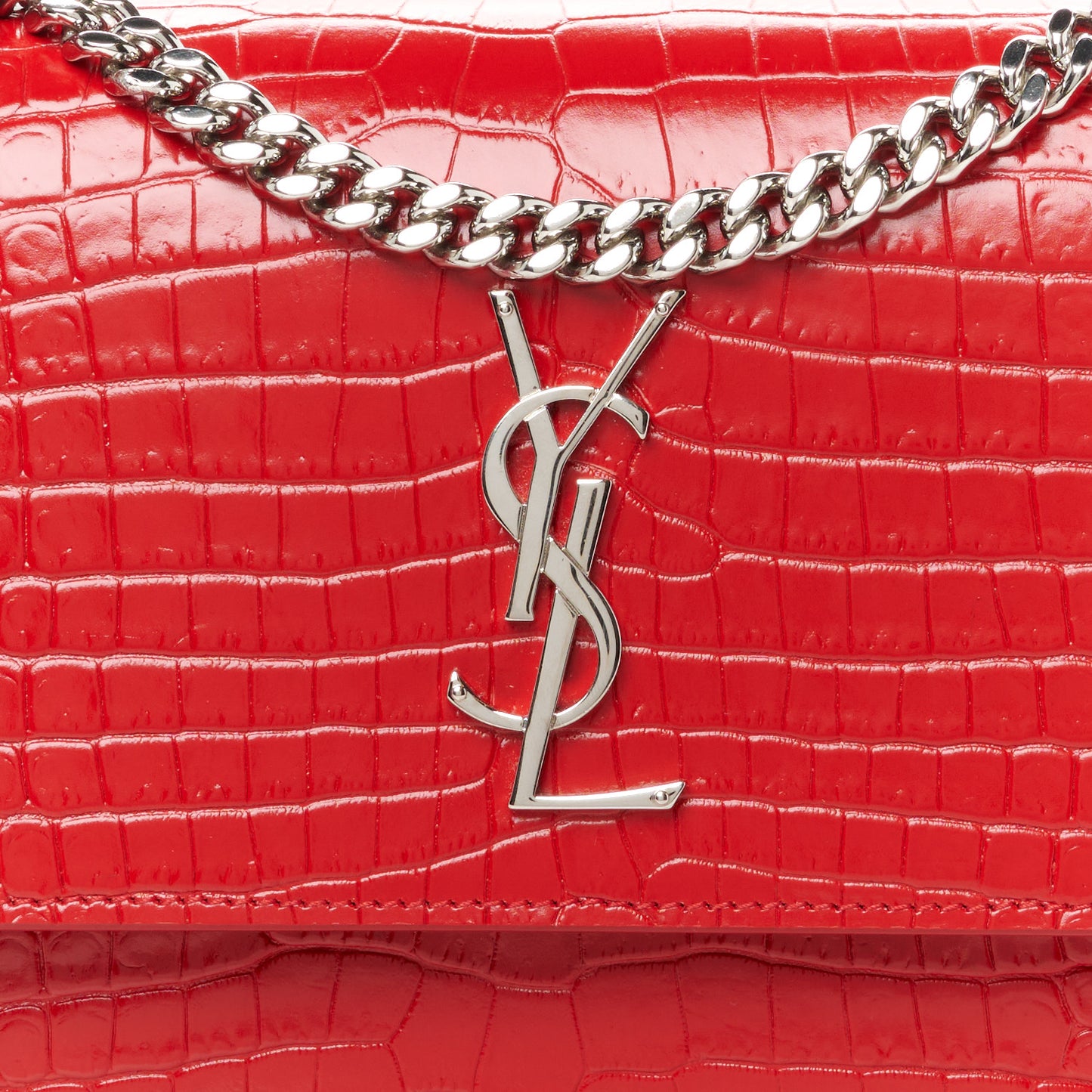 Calfskin Crocodile Embossed Medium Monogram Sunset Rouge Eros