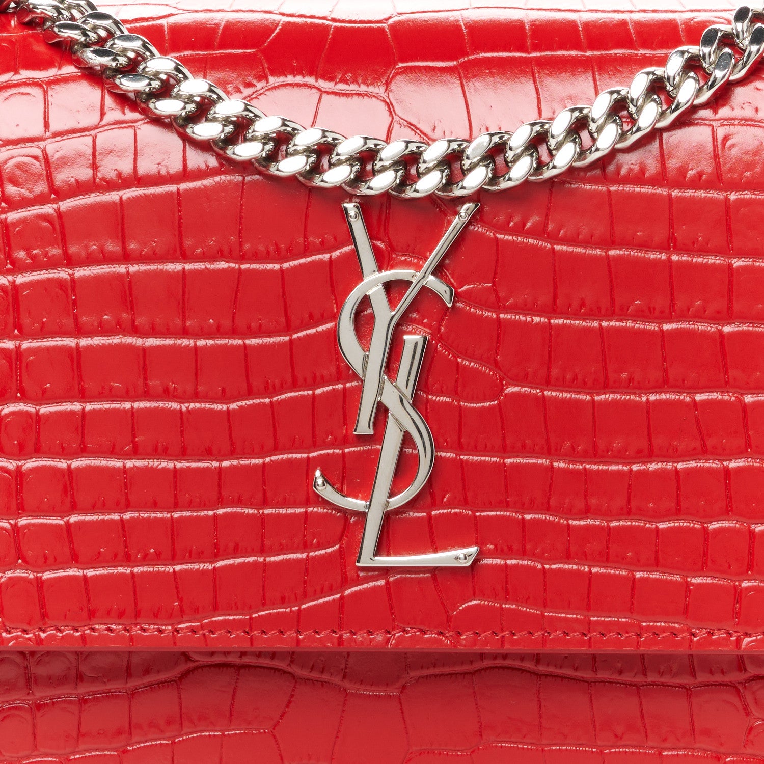 Saint Laurent Calfskin Crocodile Embossed Medium Monogram Sunset Rouge Eros 9 of 11