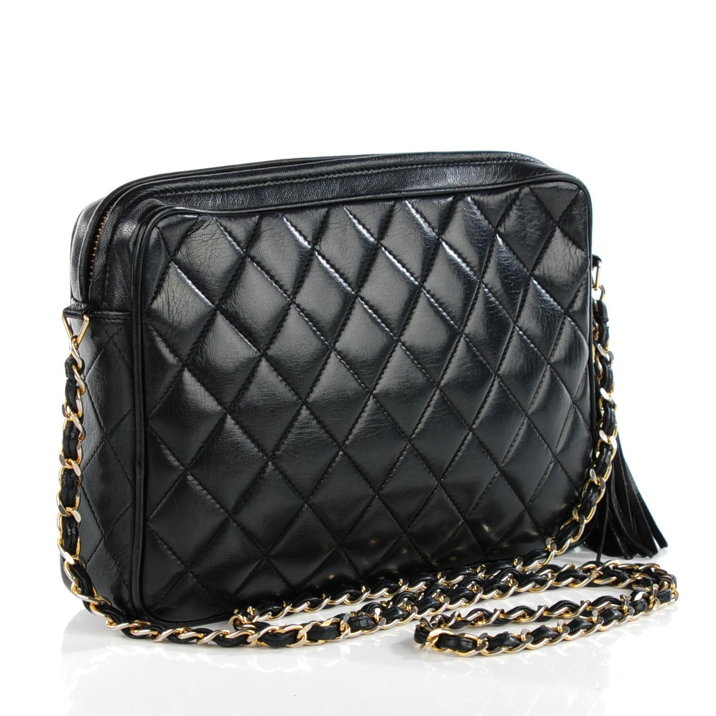 Lambskin Quilted Tassel Camera Case Black