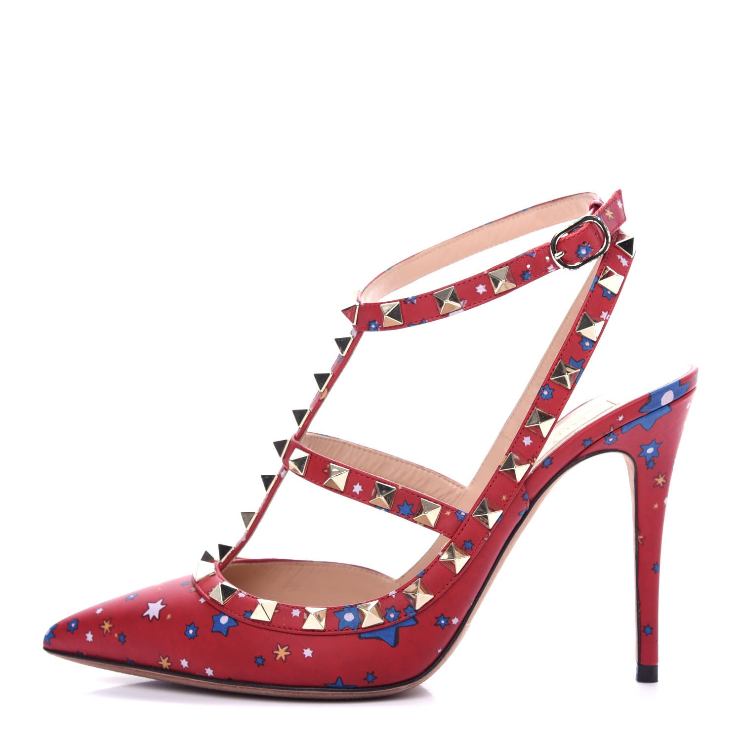Valentino Garavani Calfskin Nappa Volcano Print Rockstud Ankle Strap 100mm Pumps 38.5 Rosso Valentino 1 of 10