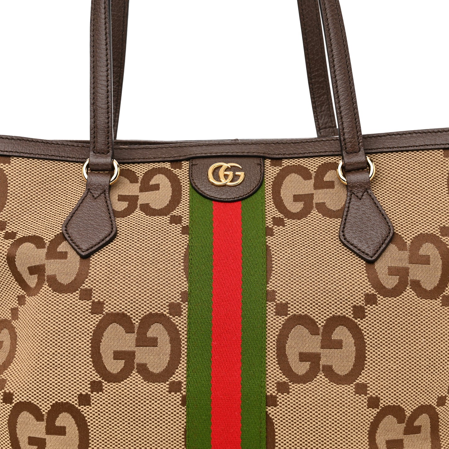 Monogram Jumbo GG Textured Dollar Calfskin Web Medium Ophidia Shopping Tote Camel Ebony