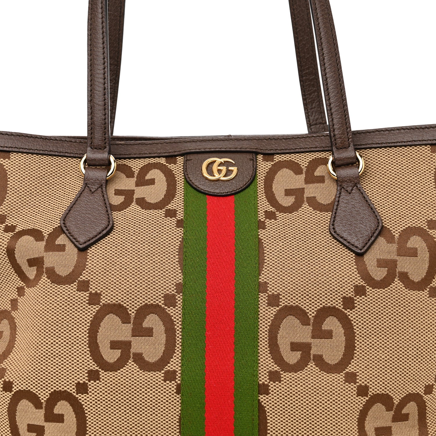 Gucci Monogram Jumbo GG Textured Dollar Calfskin Web Medium Ophidia Shopping Tote Camel Ebony 8 of 15