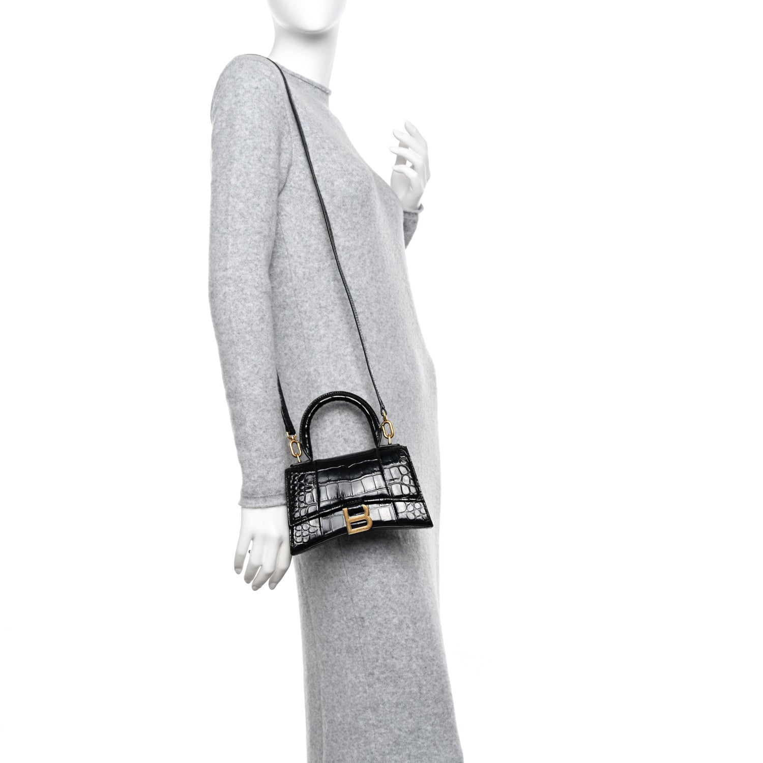 Balenciaga Shiny Calfskin Crocodile Embossed Hourglass Top Handle Bag XS Black 3 of 11