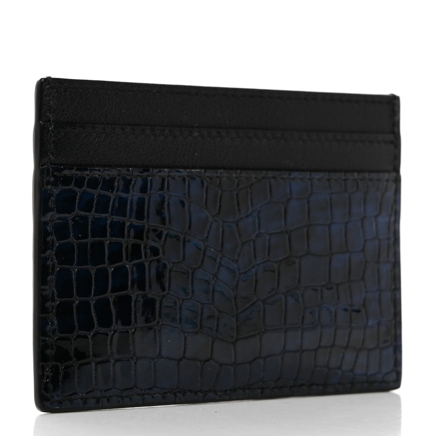 Saint Laurent Calfskin Crocodile Embossed Monogram Credit Card Case Blue 3 of 8