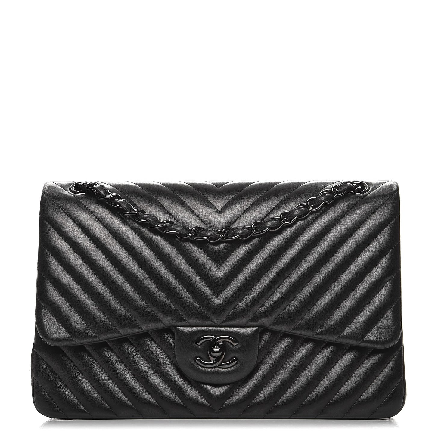 Lambskin Chevron Quilted Jumbo Double Flap So Black