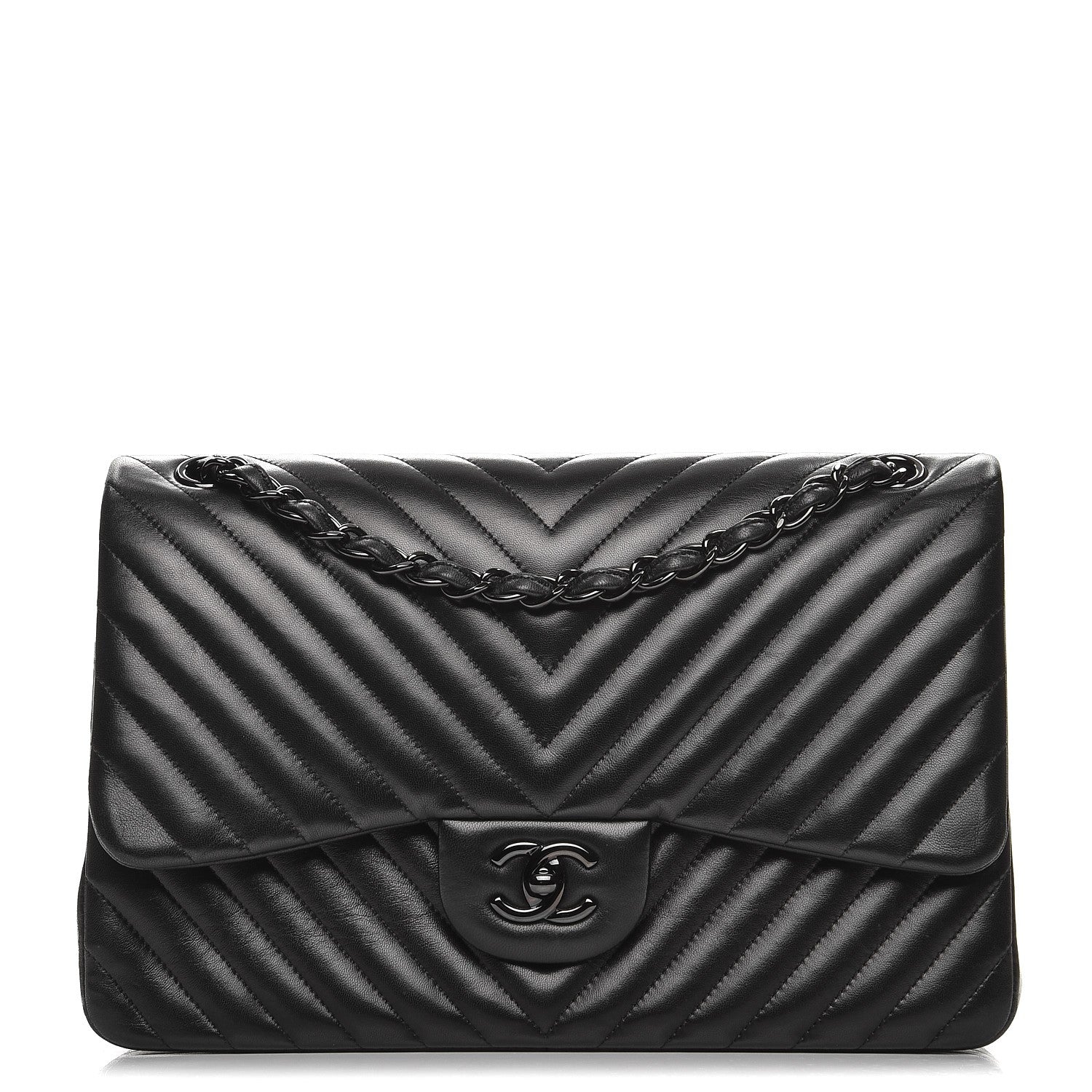 Chanel Lambskin Chevron Quilted Jumbo Double Flap So Black 1 of 15