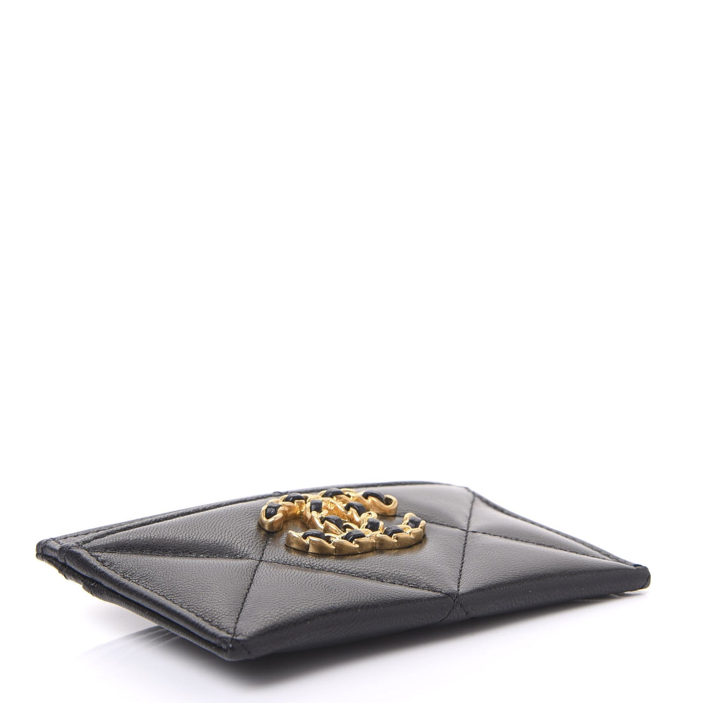 Shiny Goatskin Quilted Chanel 19 Card Holder Black