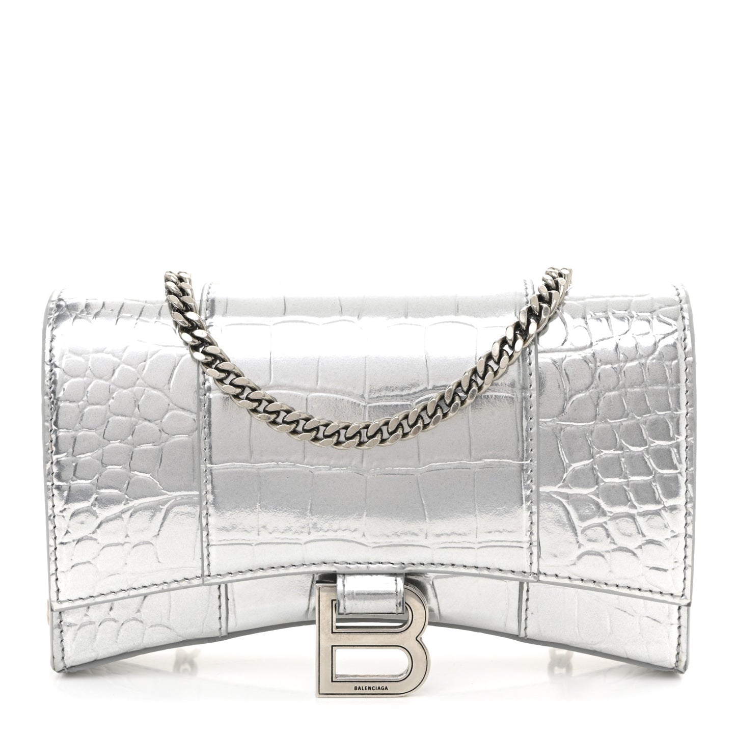 Metallic Calfskin Crocodile Embossed Hourglass Chain Bag Silver