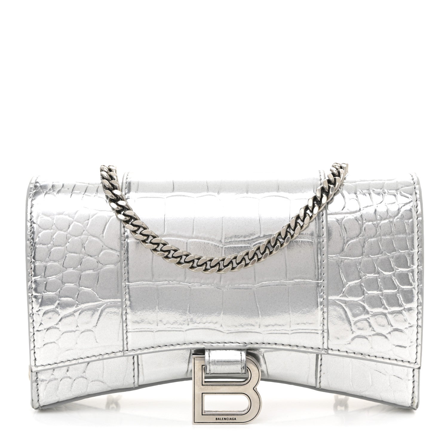Balenciaga Metallic Calfskin Crocodile Embossed Hourglass Chain Bag Silver 1 of 11