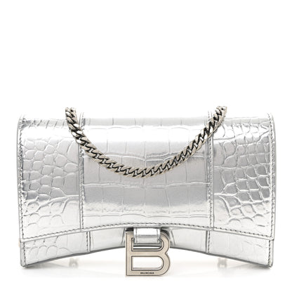 Balenciaga Metallic Calfskin Crocodile Embossed Hourglass Chain Bag Silver 1 of 11