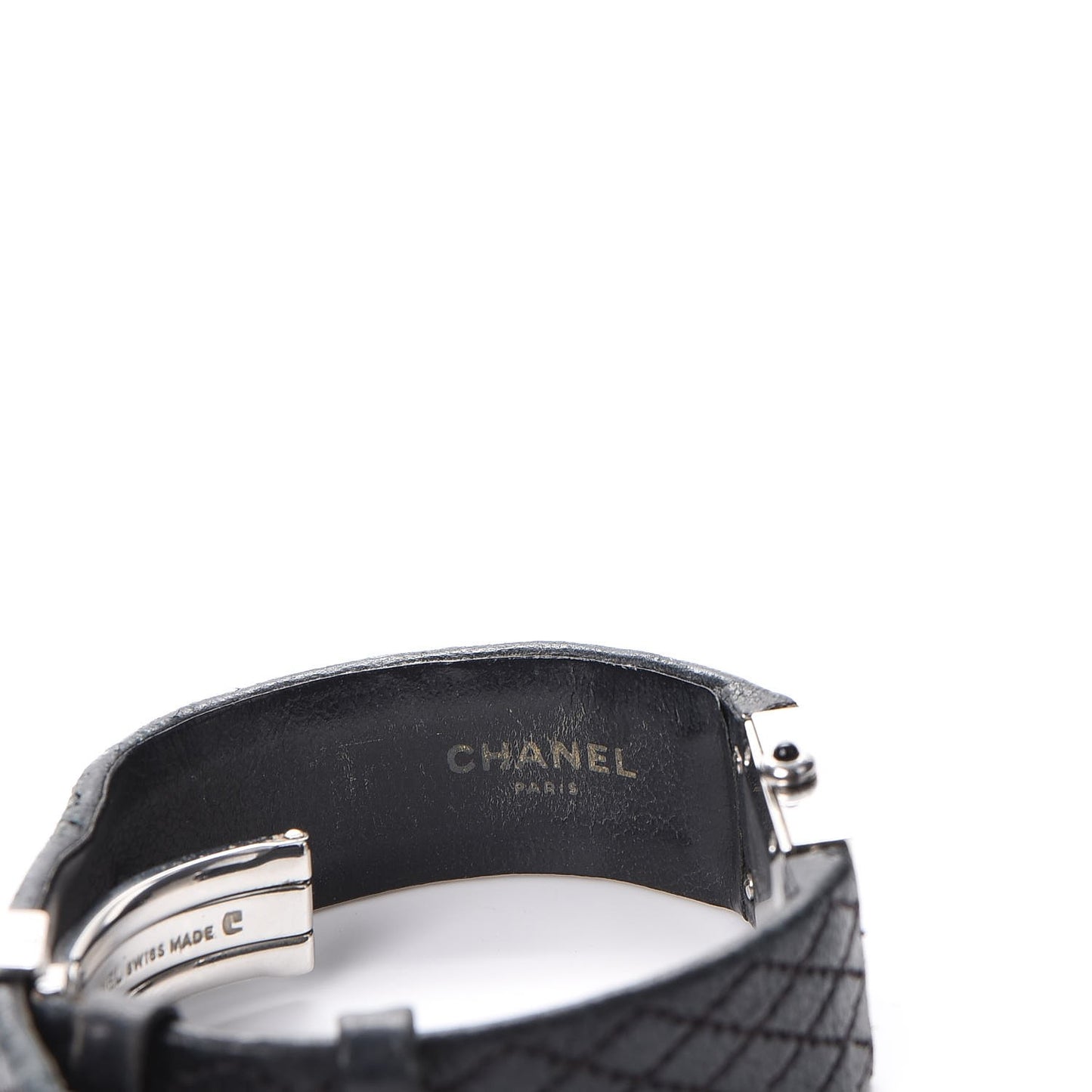 Stainless Steel Calfskin 19mm Quilted Matelasse Quartz Watch Black