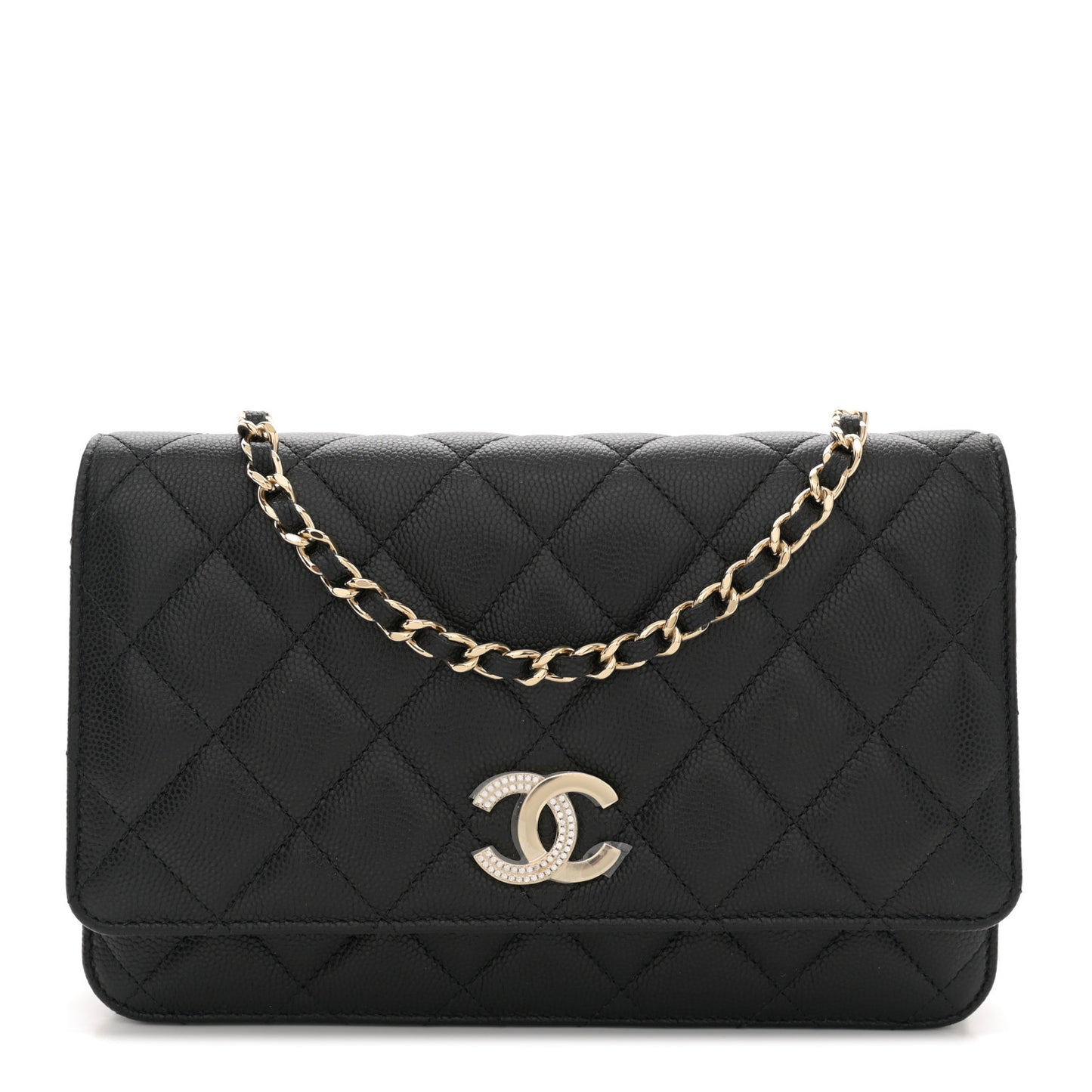 Caviar Quilted Crystal CC Wallet On Chain WOC Black