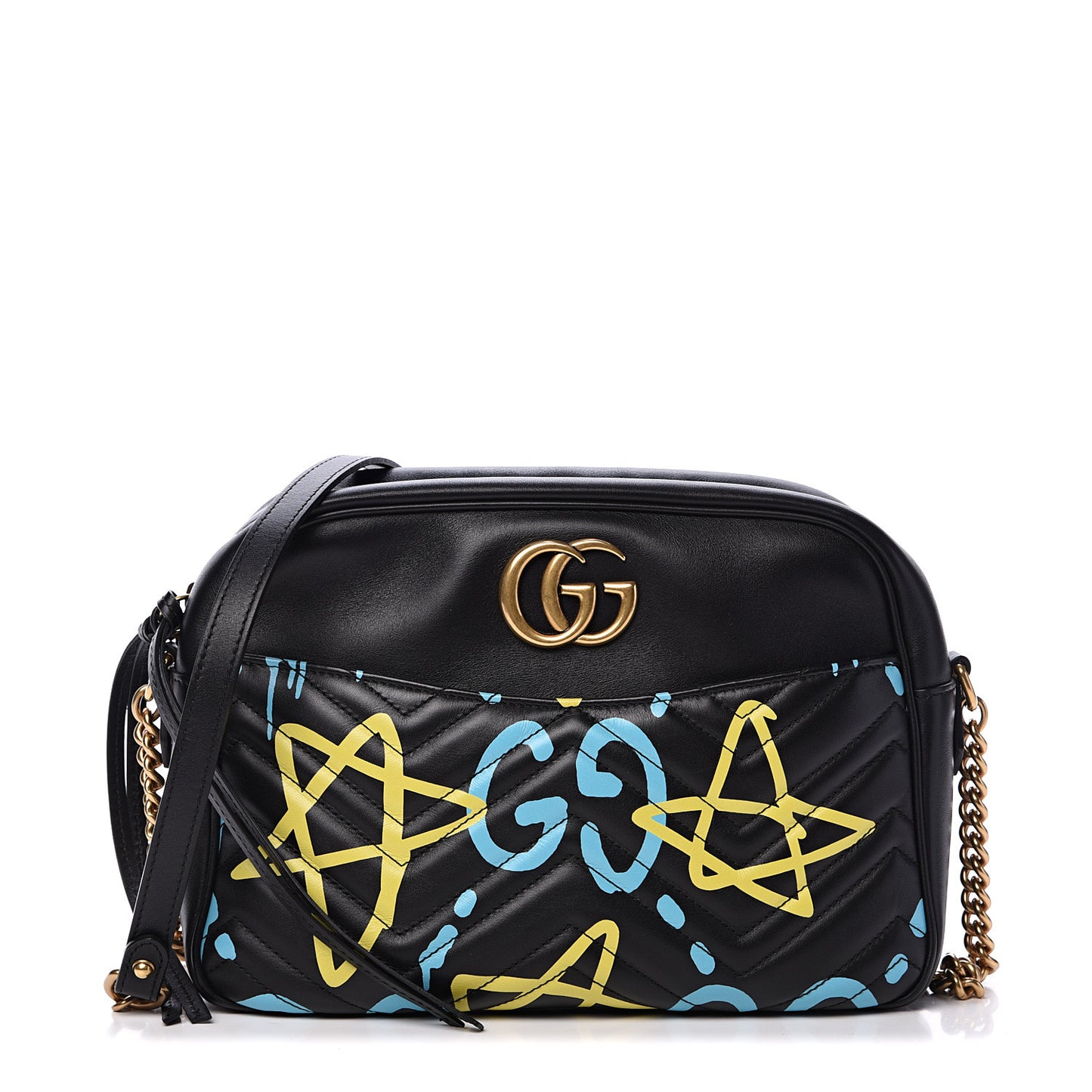 Calfskin Matelasse GucciGhost Medium GG Marmont Chain Shoulder Bag Black New Acquamarine