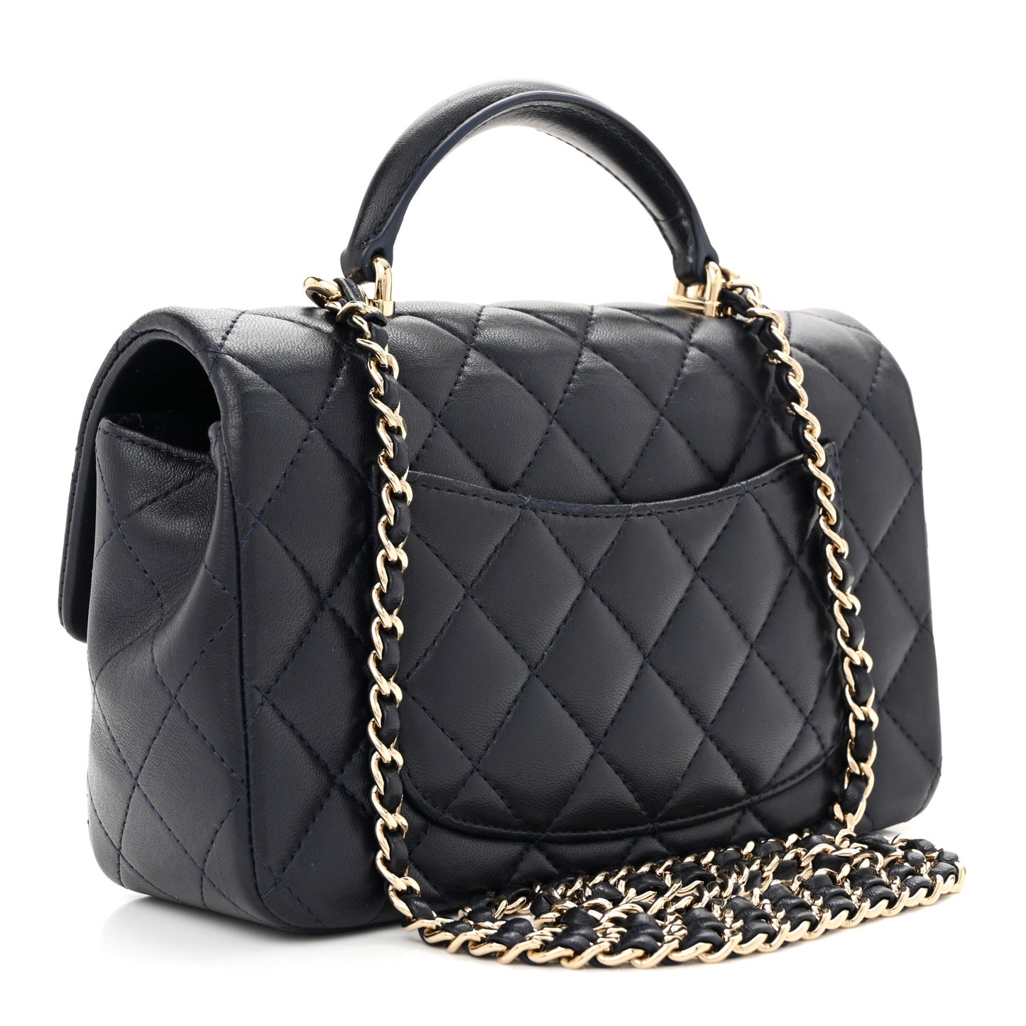 Lambskin Quilted Mini Top Handle Rectangular Flap Navy Blue
