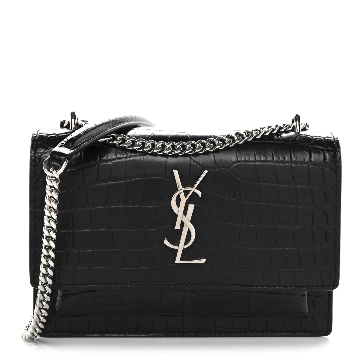 Calfskin Crocodile Embossed Monogram Sunset Chain Wallet Black