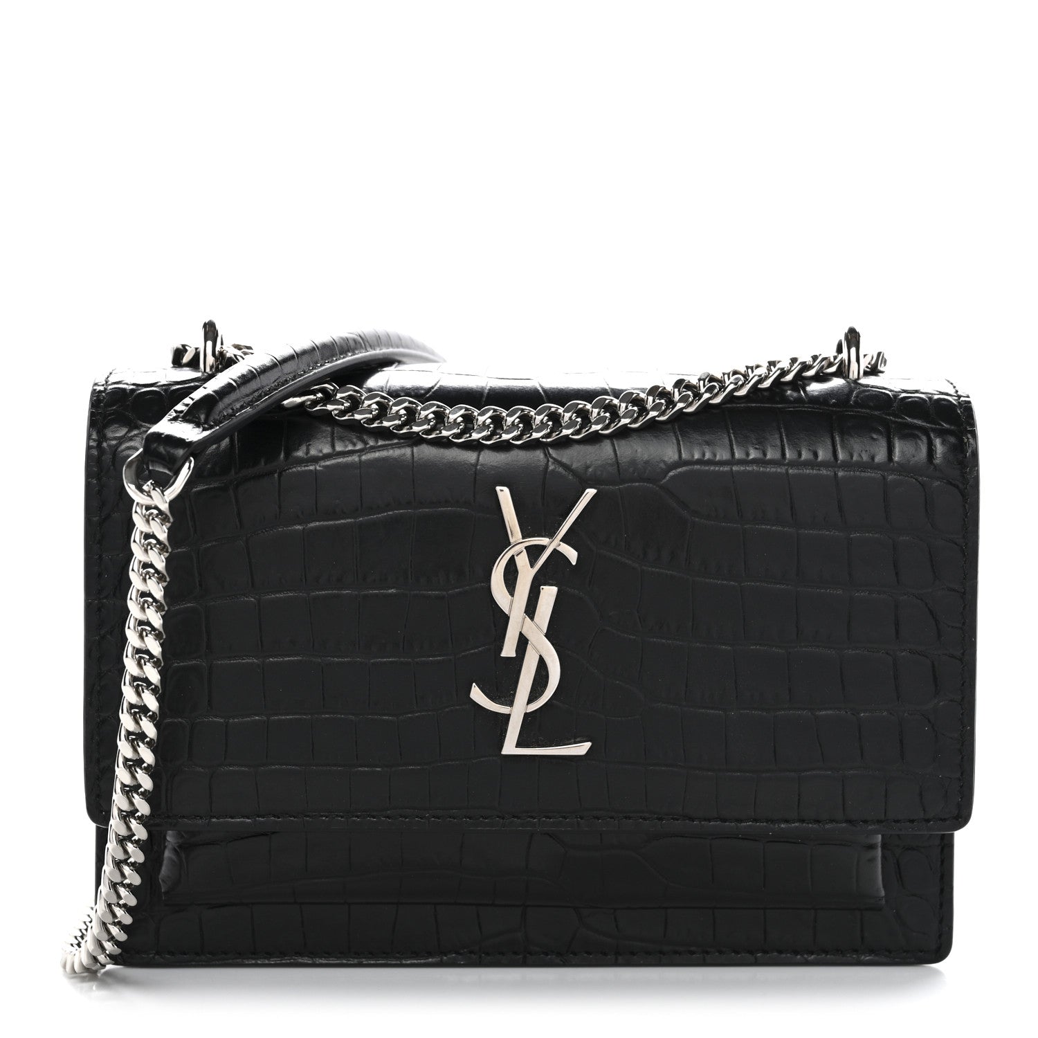 Saint Laurent Calfskin Crocodile Embossed Monogram Sunset Chain Wallet Black 1 of 11