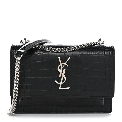 Saint Laurent Calfskin Crocodile Embossed Monogram Sunset Chain Wallet Black 1 of 11