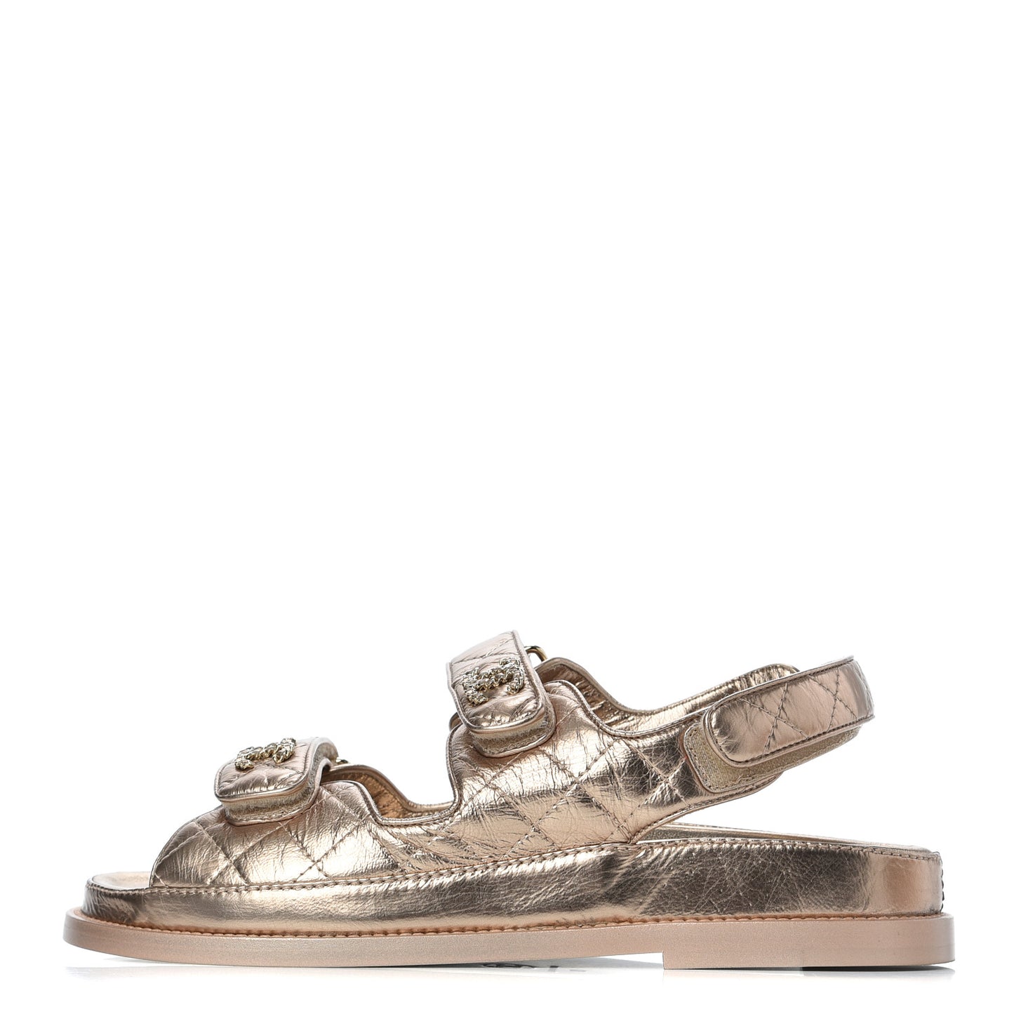 Iridescent Lambskin Quilted CC Dad Sandals 37 Light Bronze