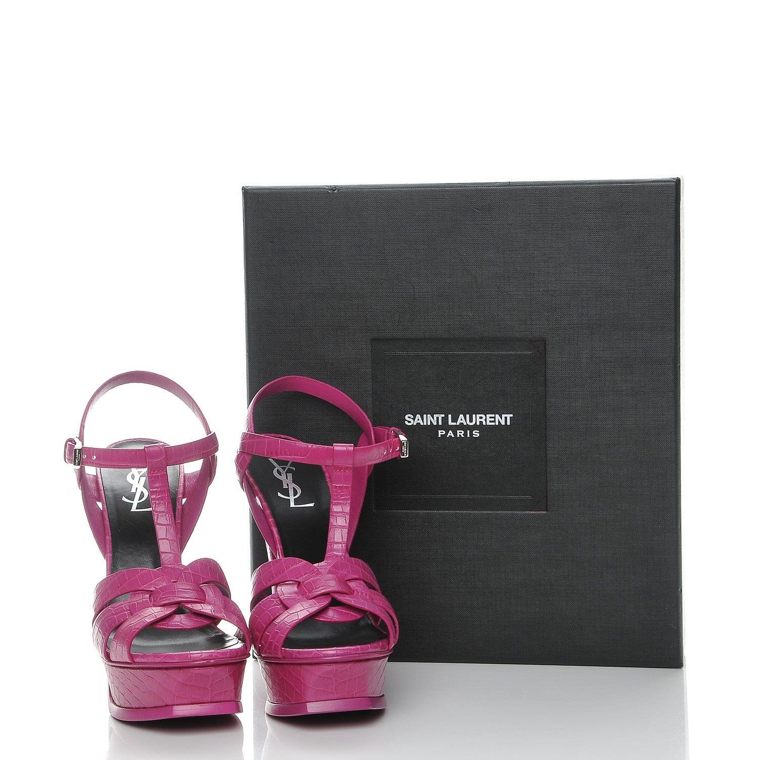 Saint Laurent Calfskin Crocodile Embossed Tribute 105 Platform Sandals 37.5 Fuchsia Heroine 9 of 9