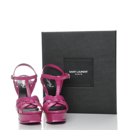 Saint Laurent Calfskin Crocodile Embossed Tribute 105 Platform Sandals 37.5 Fuchsia Heroine 9 of 9