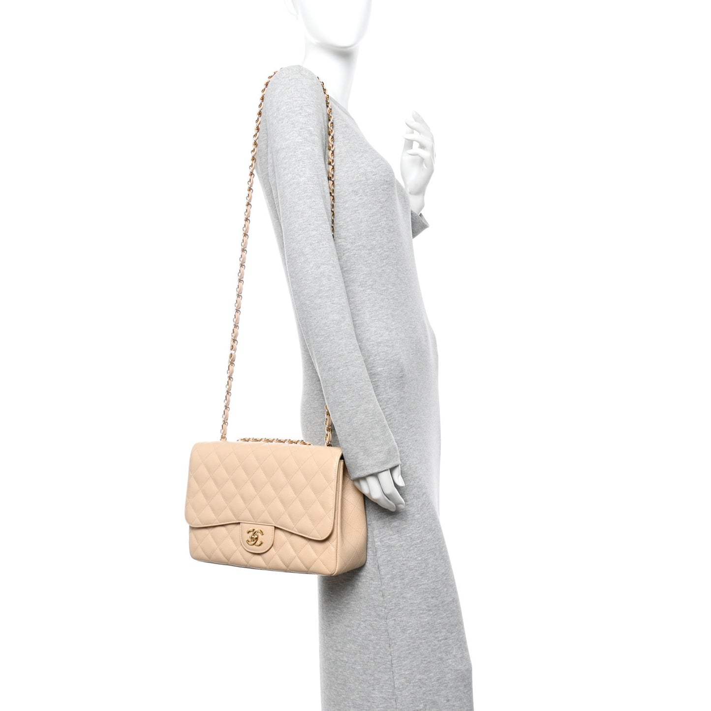 Caviar Quilted Jumbo Double Flap Light Beige