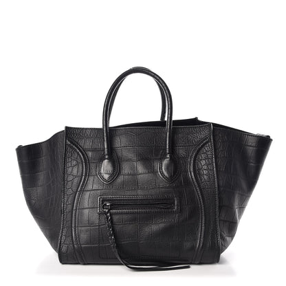 Celine Crocodile Embossed Calfskin Medium Phantom Luggage Black 1 of 19