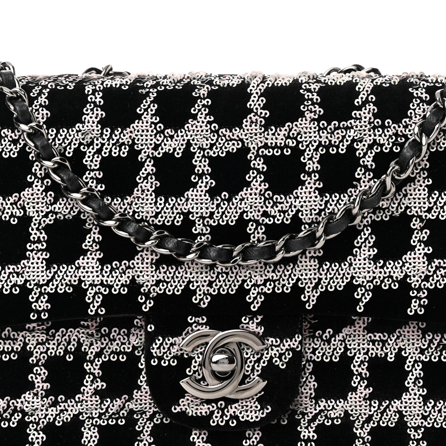 Velvet Sequin Mini Houndstooth Rectangular Flap Black Pink