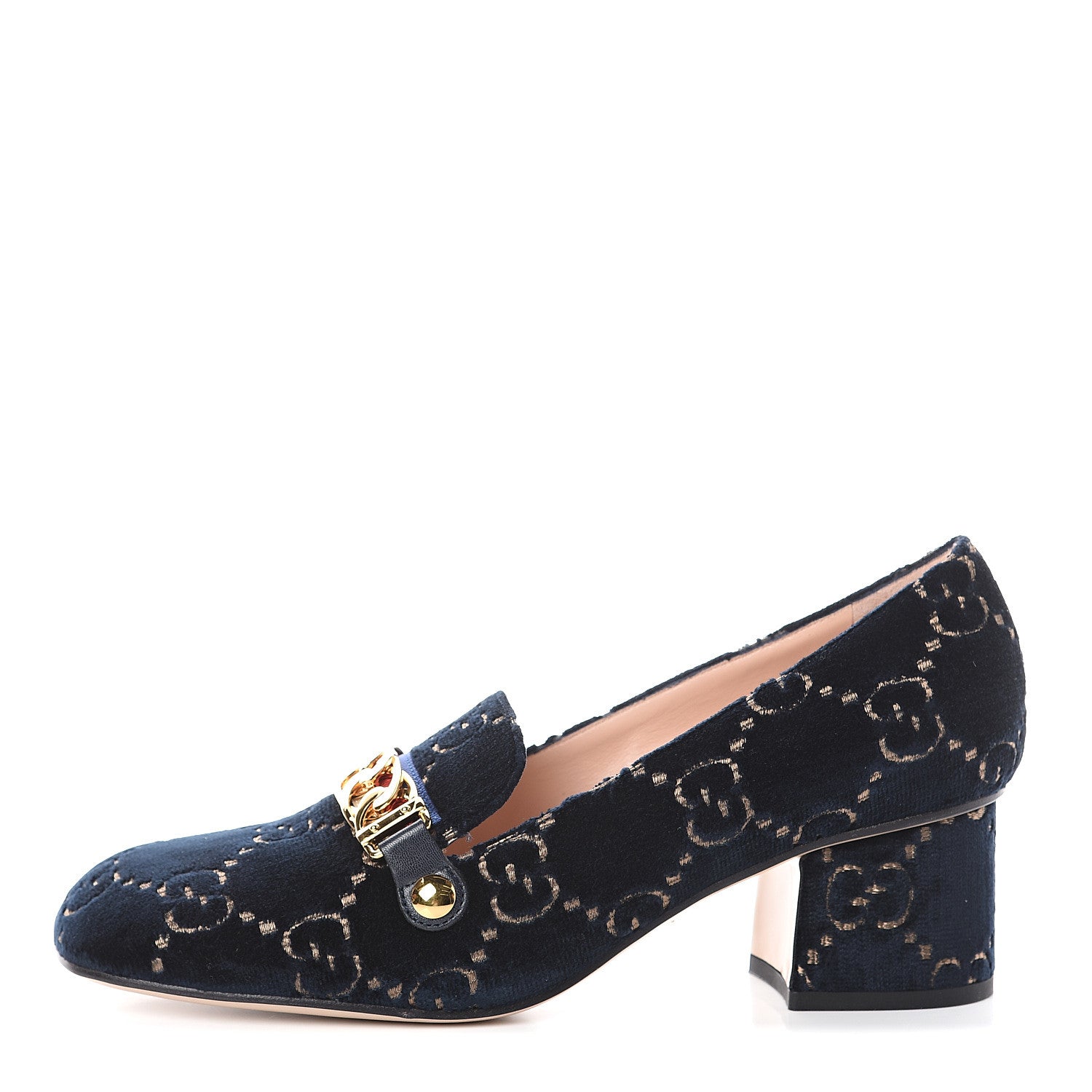Gucci Velvet GG Monogram Sylvie Web Chain Mid Heel Loafers 40 Blue Beige 1 of 7