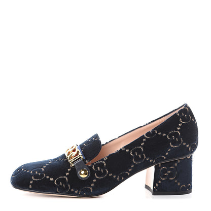 Gucci Velvet GG Monogram Sylvie Web Chain Mid Heel Loafers 40 Blue Beige 1 of 7