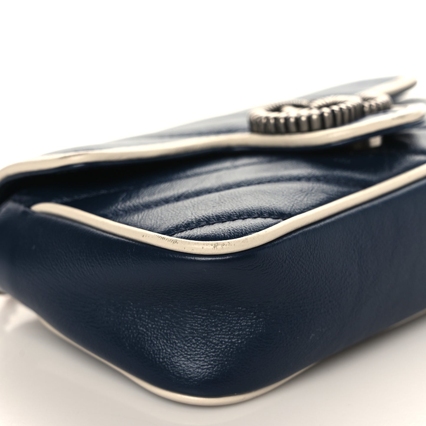 Vintage Effect Calfskin Matelasse Diagonal Super Mini Torchon GG Marmont Shoulder Bag Blue Agata Mystic White