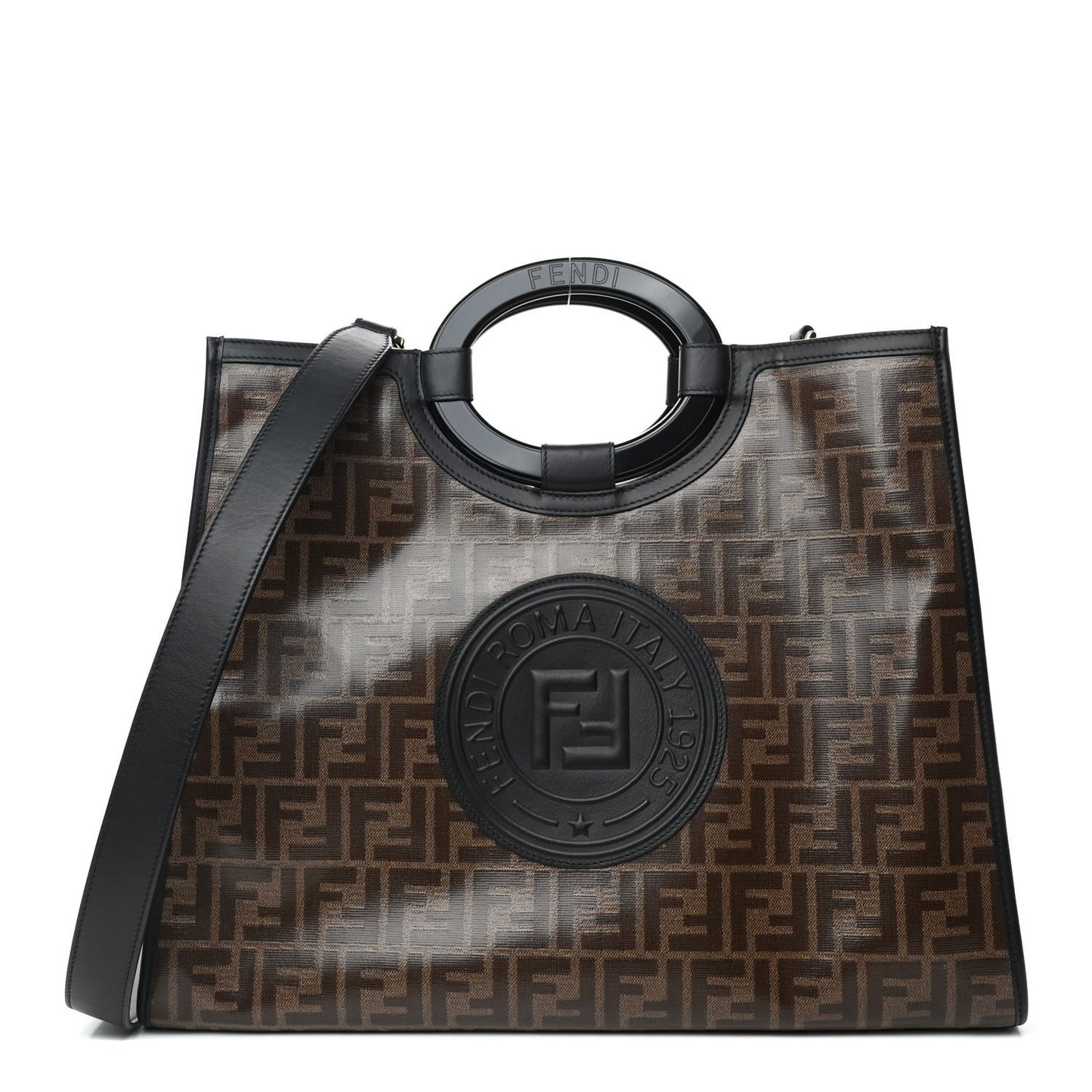 Glazed Fabric Vitello Century Plexiglass FF 1974 Stamp Patch Medium Runaway Shopper Tote Mogano Panna Black