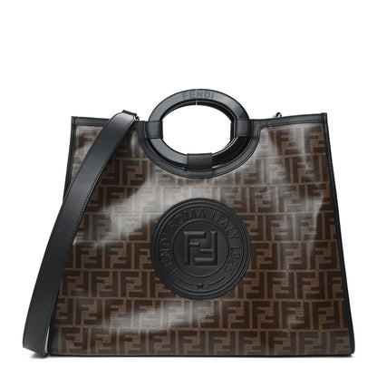 Fendi Glazed Fabric Vitello Century Plexiglass FF 1974 Stamp Patch Medium Runaway Shopper Tote Mogano Panna Black 1 of 4
