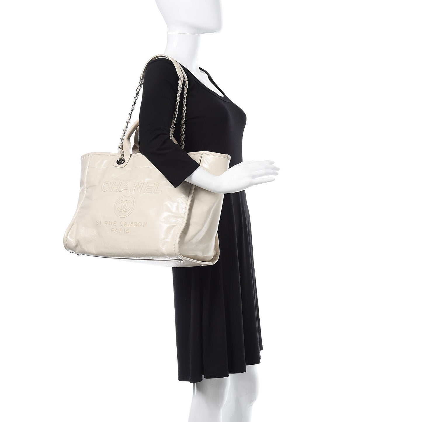 Glazed Calfskin Large Deauville Tote Ivory