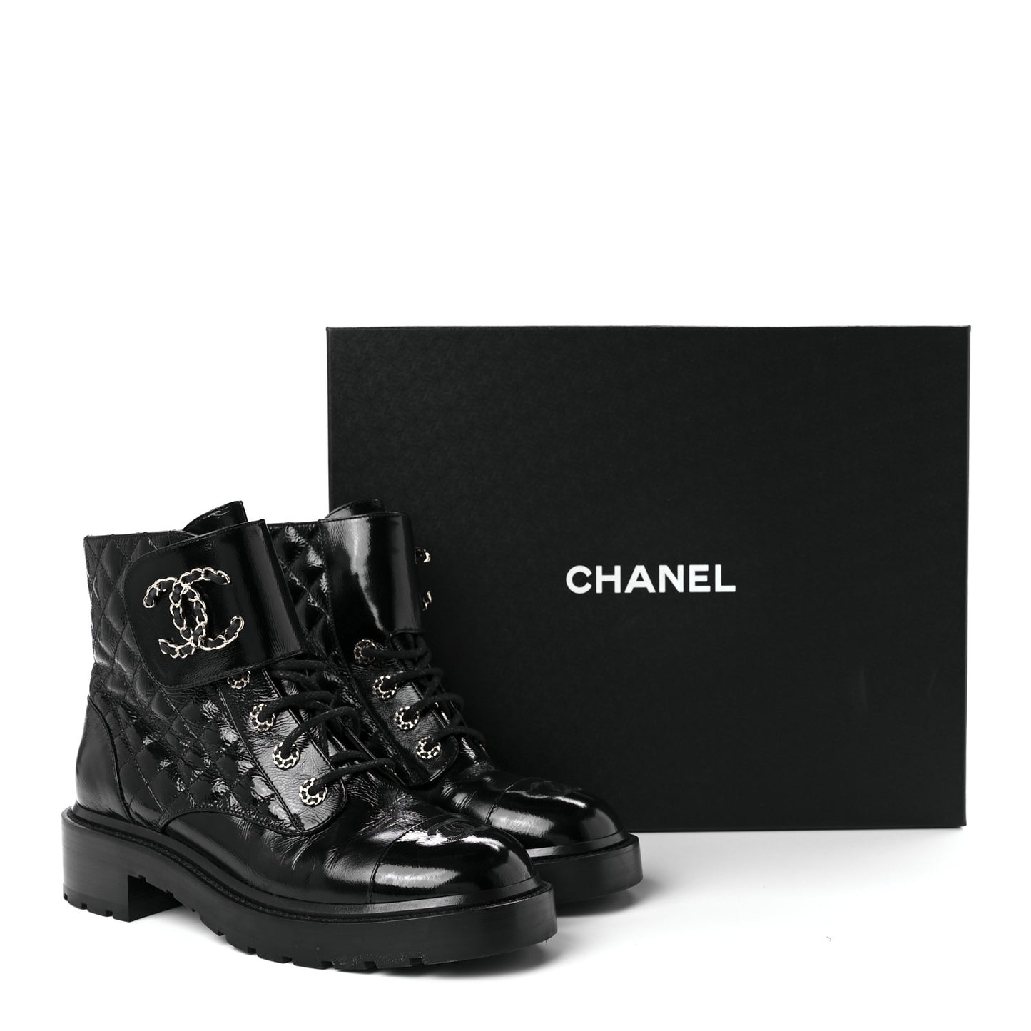 Shiny Lambskin Quilted Lace Up Combat Boots 40 Black