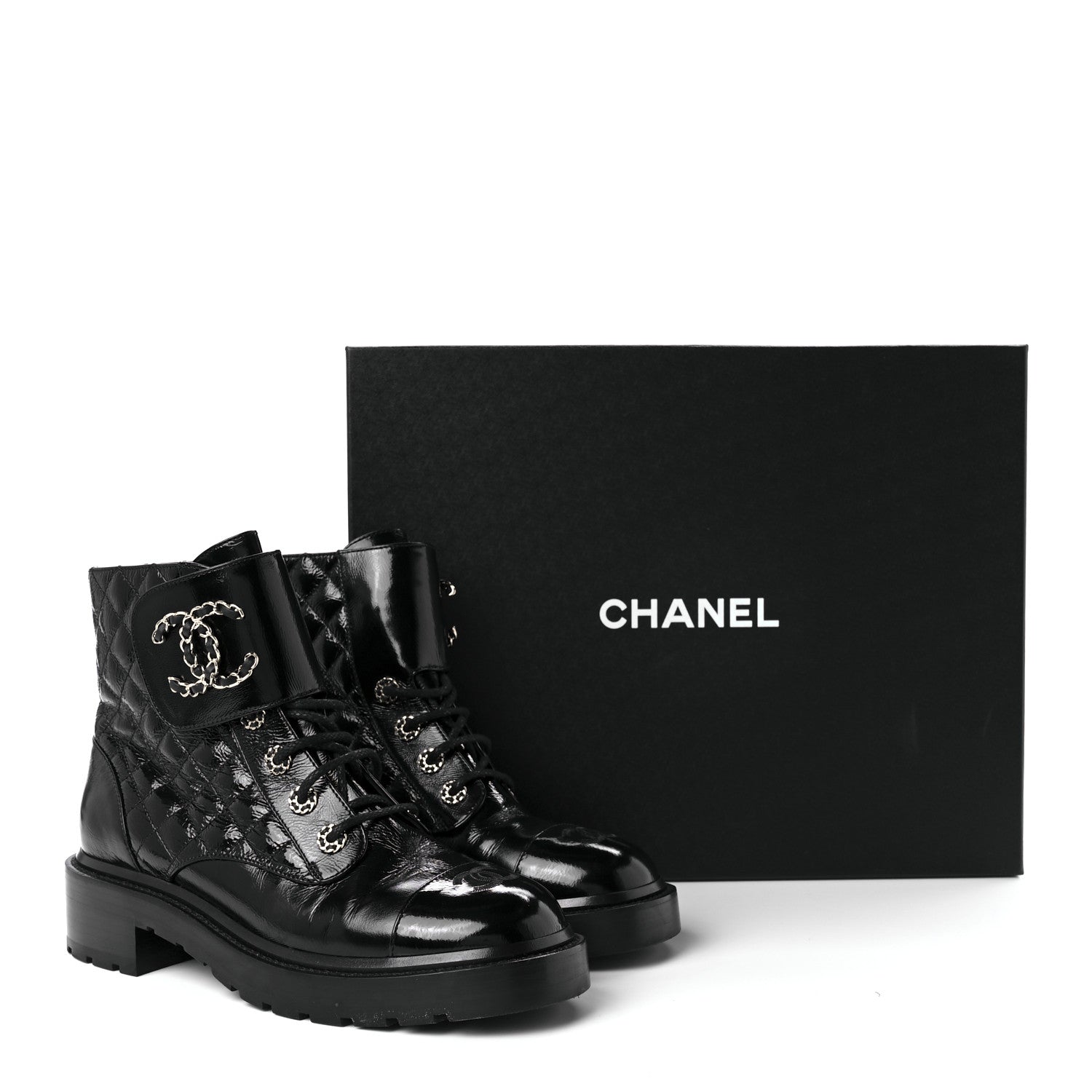 Chanel Shiny Lambskin Quilted Lace Up Combat Boots 40 Black 11 of 11