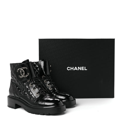 Chanel Shiny Lambskin Quilted Lace Up Combat Boots 40 Black 11 of 11