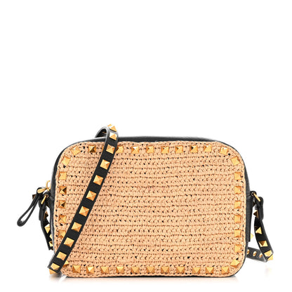 Valentino Garavani Straw Rockstud Camera Crossbody Bag Beige Black 1 of 9