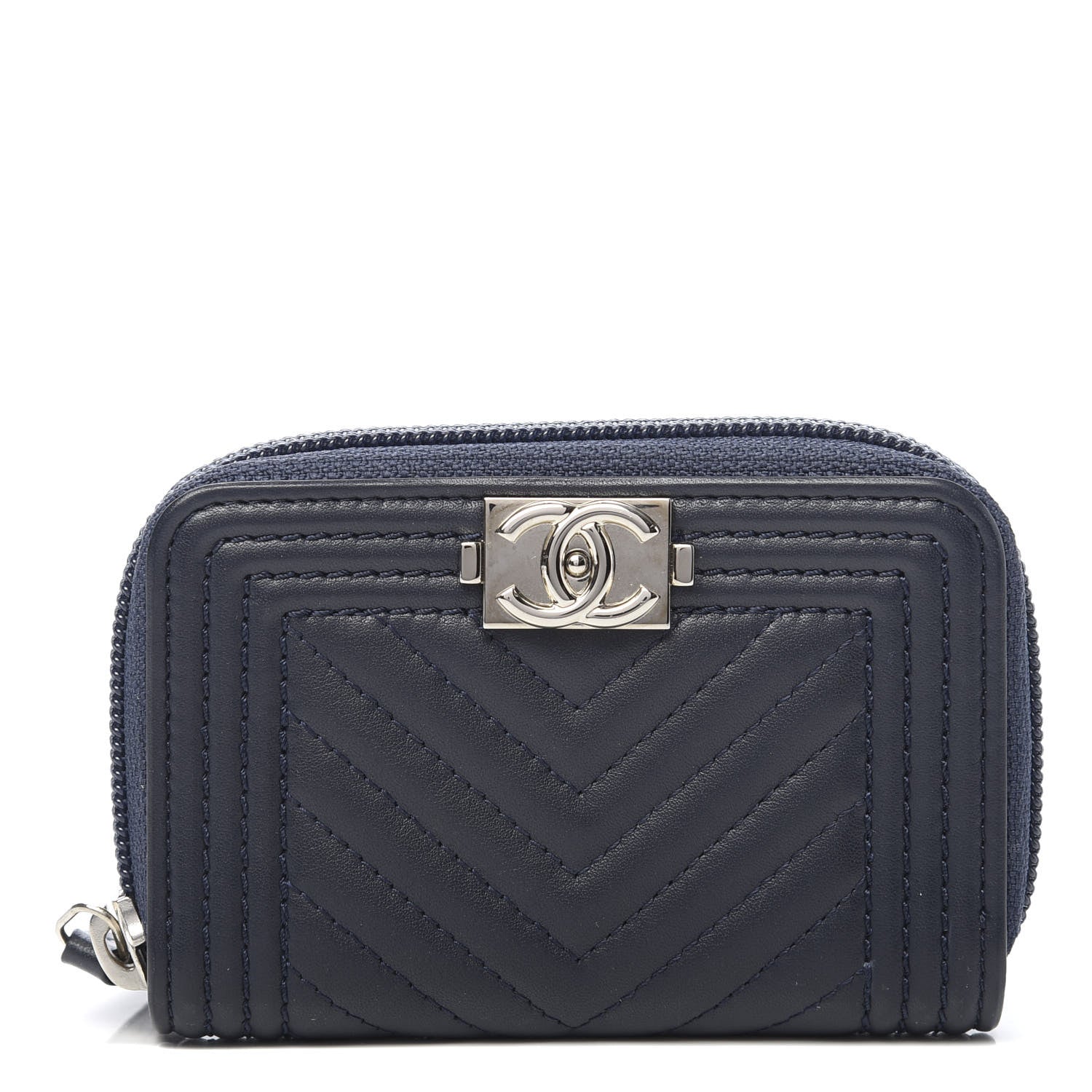 Chanel Calfskin Chevron Zip Around Boy Coin Purse Wallet Dark Navy 1 of 7