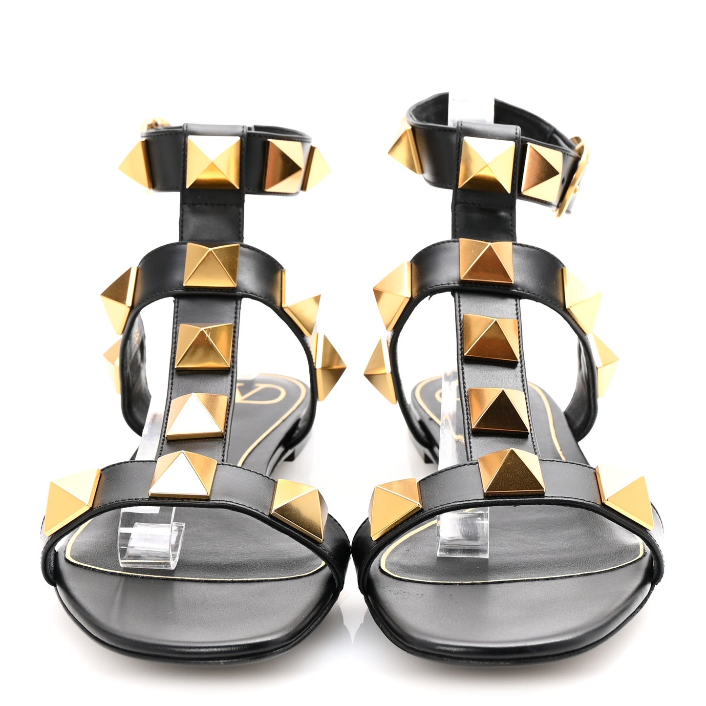 Calfskin Roman Stud Ankle Strap Flat Sandals 38.5 Black
